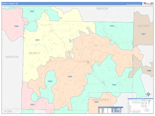 Searcy County, AR ZIP Code Wall Map, ColorCast style