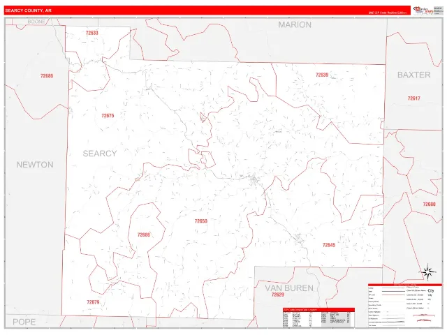 Searcy County, AR ZIP Code Wall Map, RedLine style