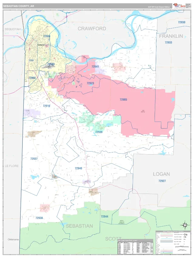 Sebastian County, AR ZIP Code Wall Map, Classic style