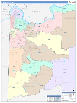 Sebastian County, AR ColorCast style ZIP Code wall map