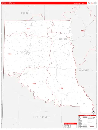 Sevier County, AR RedLine style ZIP Code wall map