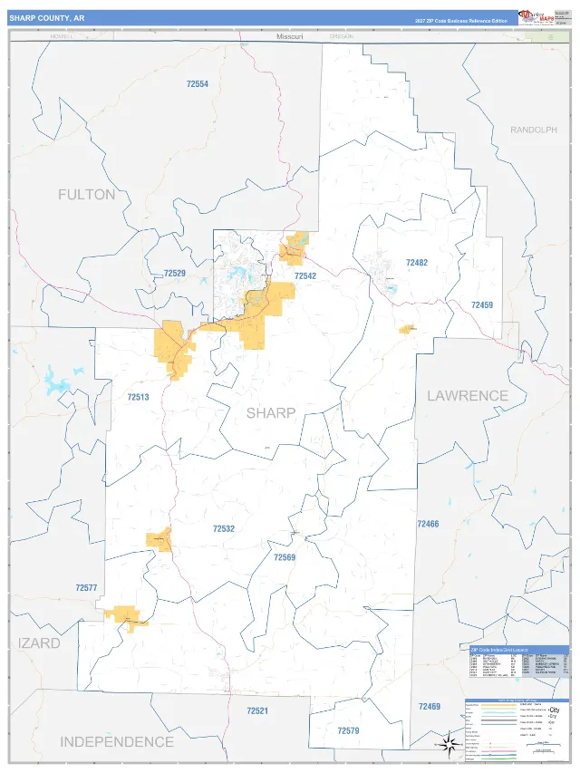 Sharp County, AR ZIP Code Wall Map, Business Reference style