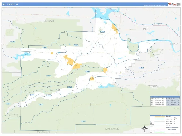 Yell County, AR ZIP Code Wall Map, Business Reference style