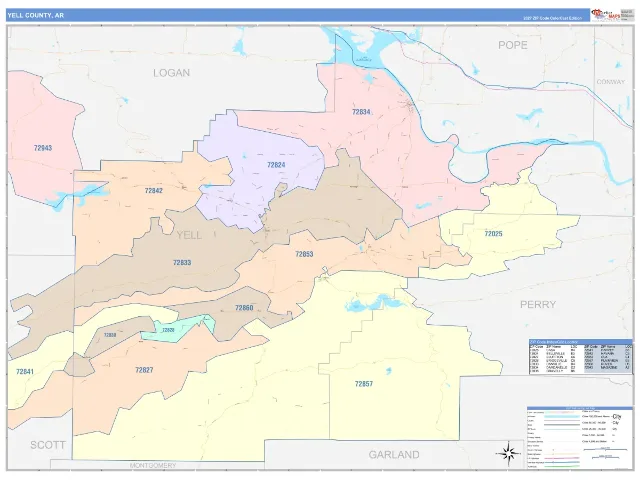 Yell County, AR ZIP Code Wall Map, ColorCast style