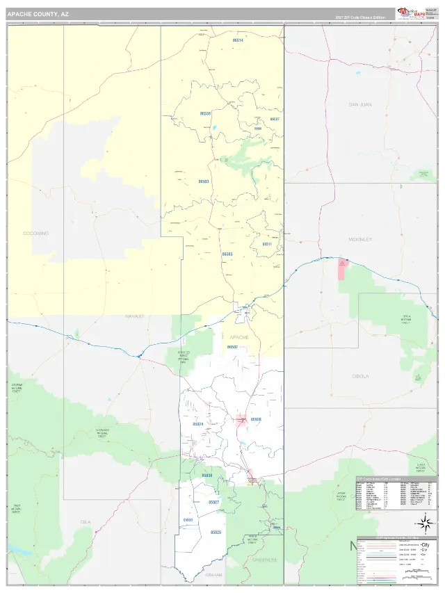 Apache County, AZ ZIP Code Wall Map, Classic style