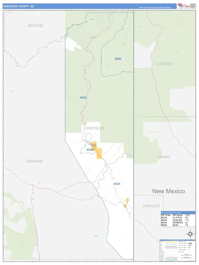 Greenlee County, AZ ZIP Code Wall Map, Business Reference style