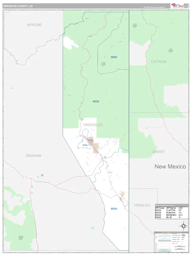 Greenlee County, AZ ZIP Code Wall Map, Classic style