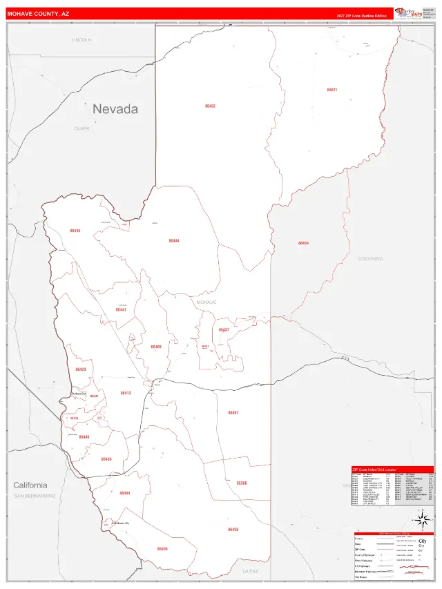 Mohave County, AZ ZIP Code Wall Map, RedLine style