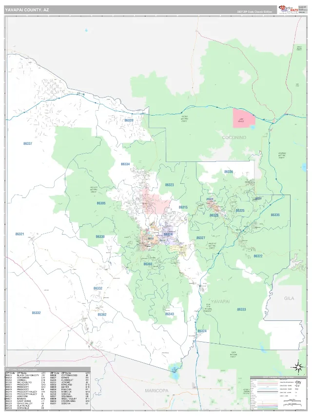 Yavapai County, AZ ZIP Code Wall Map, Classic style