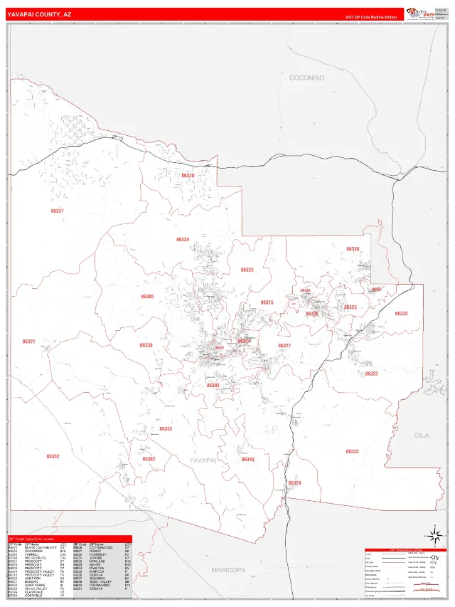 Yavapai County, AZ ZIP Code Wall Map, RedLine style