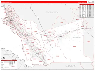 Alameda County, CA RedLine style ZIP Code wall map