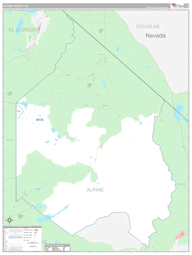 Alpine County, CA ZIP Code Wall Map, Classic style