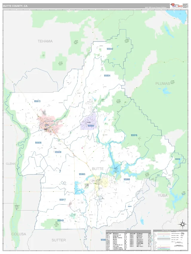 Butte County, CA ZIP Code Wall Map, Classic style