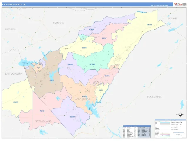 Calaveras County, CA ZIP Code Wall Map, ColorCast style