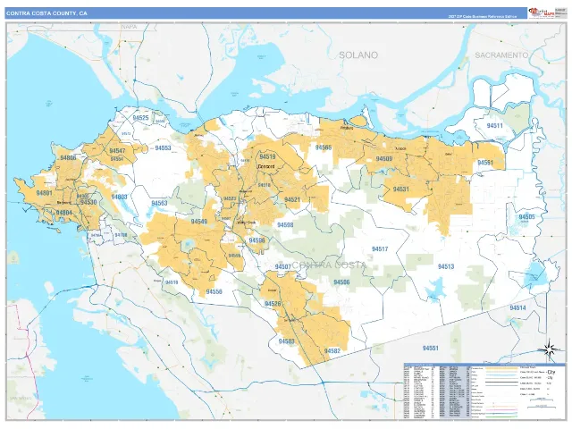 Contra Costa County, CA ZIP Code Wall Map, Business Reference style