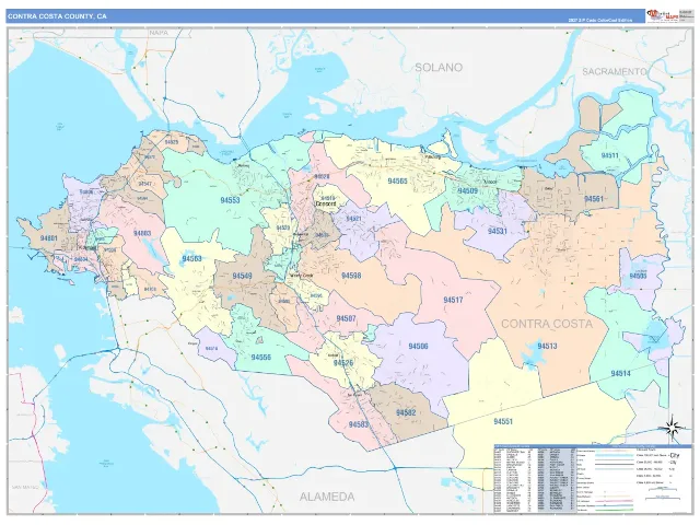 Contra Costa County, CA ZIP Code Wall Map, ColorCast style