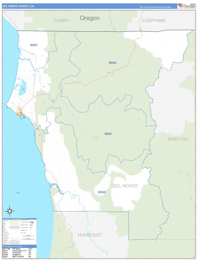 Del Norte County, CA ZIP Code Wall Map, Business Reference style