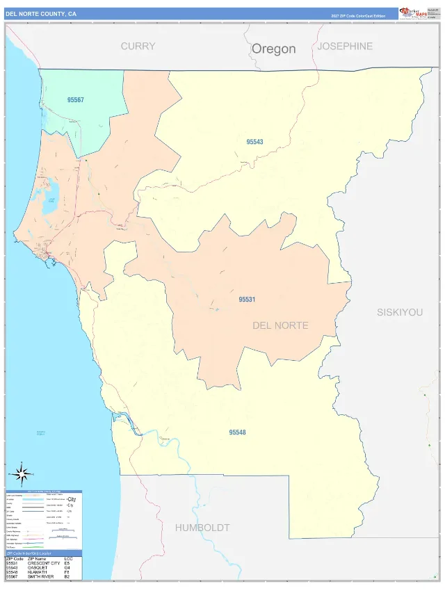 Del Norte County, CA ZIP Code Wall Map, ColorCast style