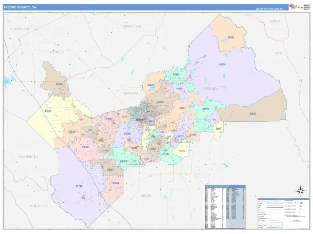 Fresno County, CA ZIP Code Wall Map, ColorCast style