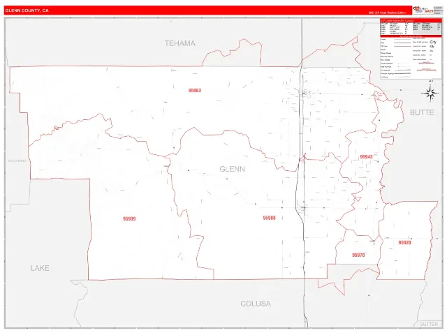 Glenn County, CA ZIP Code Wall Map, RedLine style