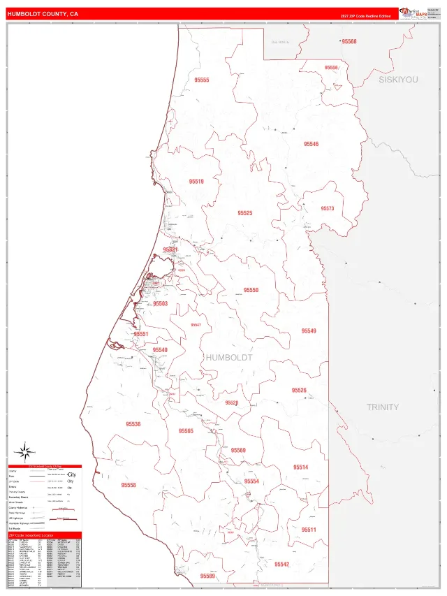 Humboldt County, CA ZIP Code Wall Map, RedLine style