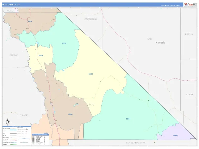 Inyo County, CA ZIP Code Wall Map, ColorCast style