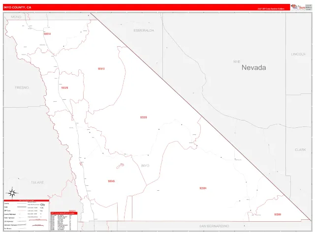 Inyo County, CA ZIP Code Wall Map, RedLine style