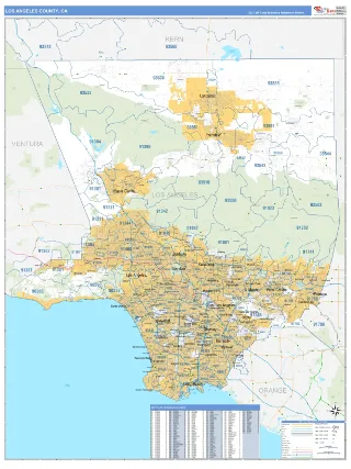 Los Angeles County, CA Business Reference style ZIP Code wall map