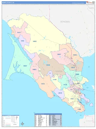 Marin County, CA ColorCast style ZIP Code wall map