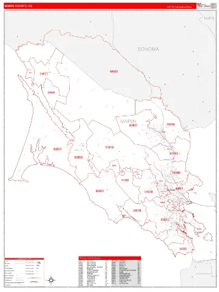 Marin County, CA RedLine style ZIP Code wall map