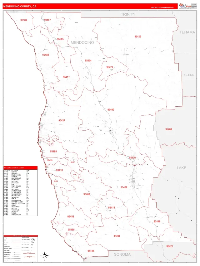 Mendocino County, CA ZIP Code Wall Map, RedLine style