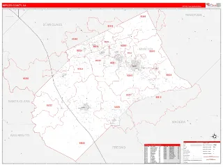 Merced County, CA RedLine style ZIP Code wall map