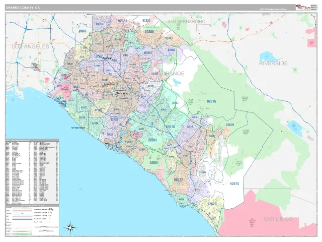 Orange County, CA ZIP Code Wall Map, Classic style