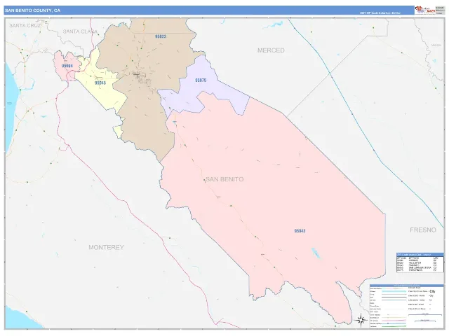San Benito County, CA ZIP Code Wall Map, ColorCast style