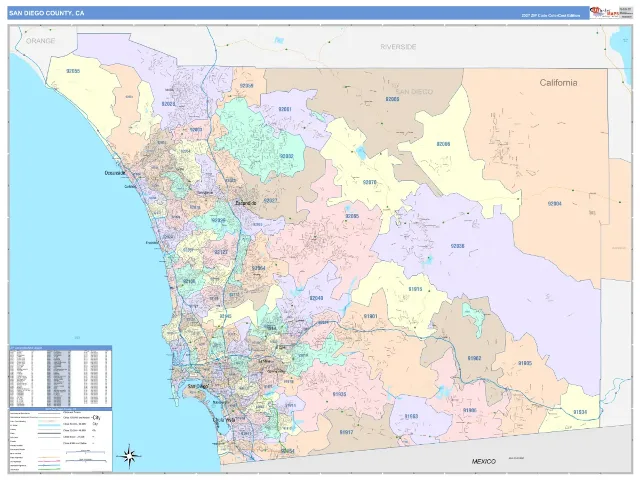 San Diego County, CA ZIP Code Wall Map, ColorCast style