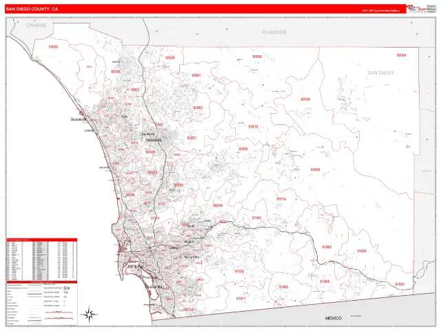 San Diego County, CA ZIP Code Wall Map, RedLine style