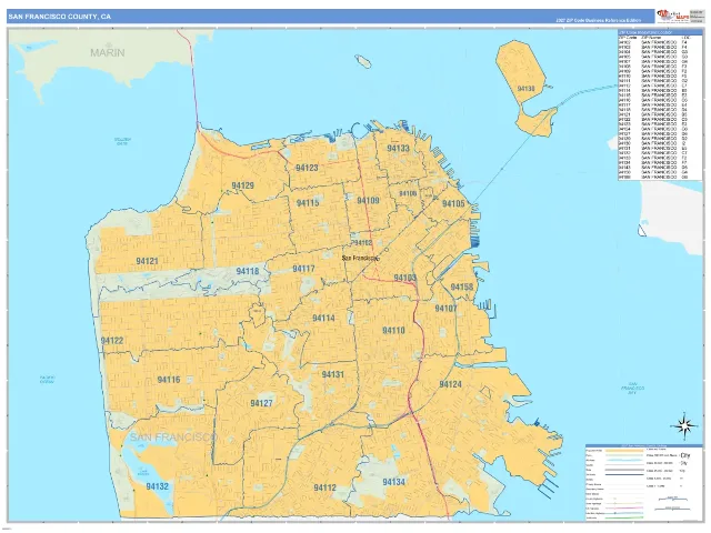 San Francisco County, CA ZIP Code Wall Map, Business Reference style