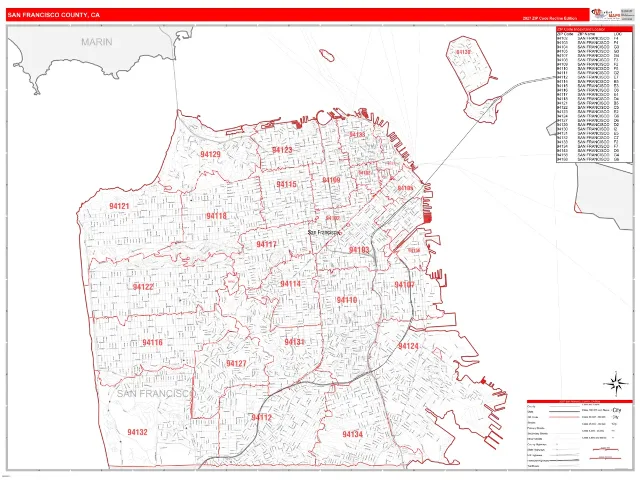 San Francisco County, CA ZIP Code Wall Map, RedLine style
