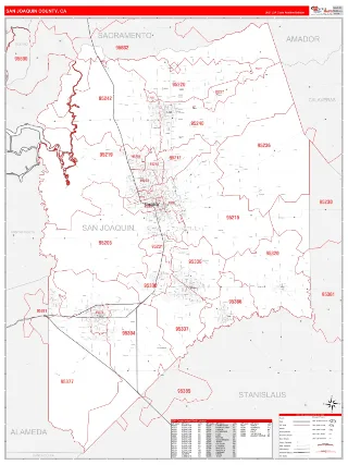 San Joaquin County, CA RedLine style ZIP Code wall map