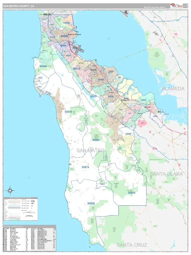 San Mateo County, CA ZIP Code Wall Map, Classic style