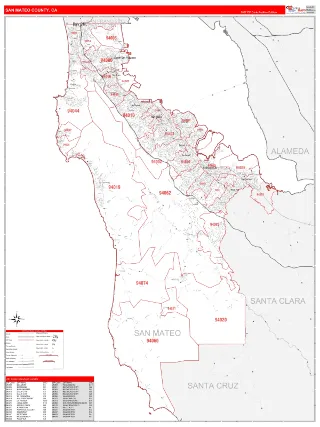 San Mateo County, CA RedLine style ZIP Code wall map