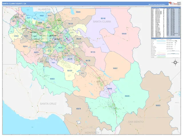 Santa Clara County, CA ZIP Code Wall Map, ColorCast style