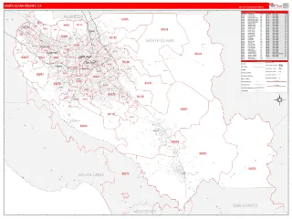 Santa Clara County, CA RedLine style ZIP Code wall map