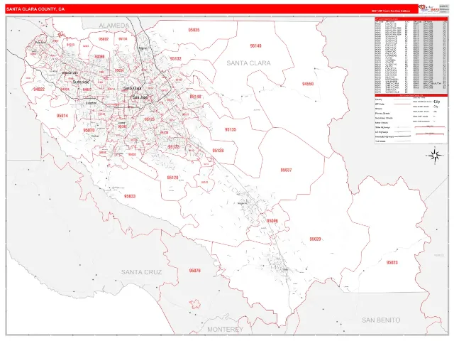 Santa Clara County, CA ZIP Code Wall Map, RedLine style