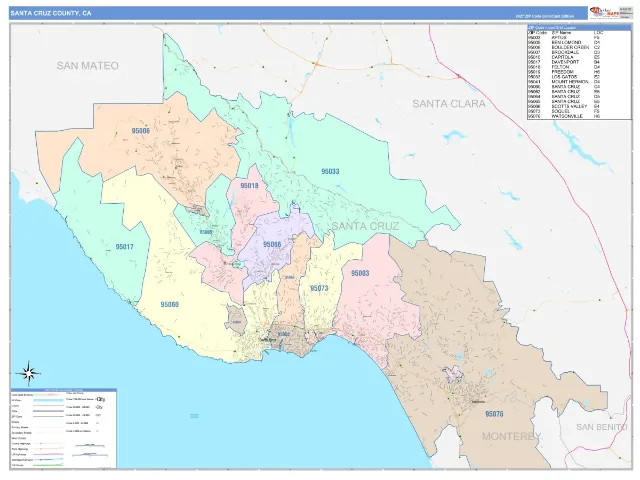 Santa Cruz County, CA ZIP Code Wall Map, ColorCast style