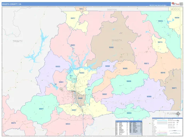 Shasta County, CA ZIP Code Wall Map, ColorCast style