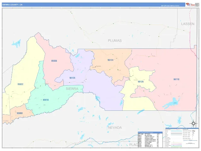 Sierra County, CA ZIP Code Wall Map, ColorCast style