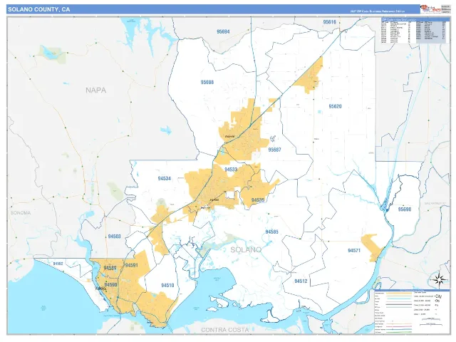 Solano County, CA ZIP Code Wall Map, Business Reference style