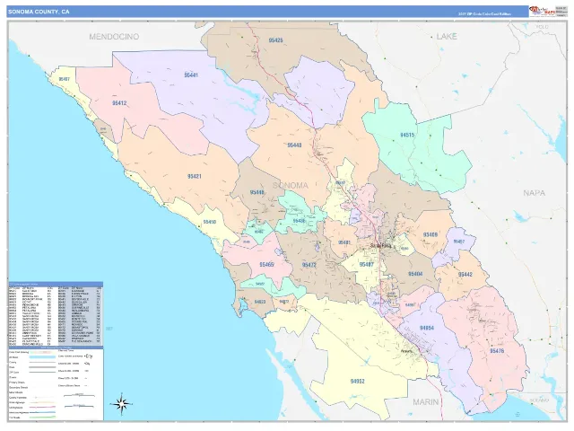 Sonoma County, CA ZIP Code Wall Map, ColorCast style