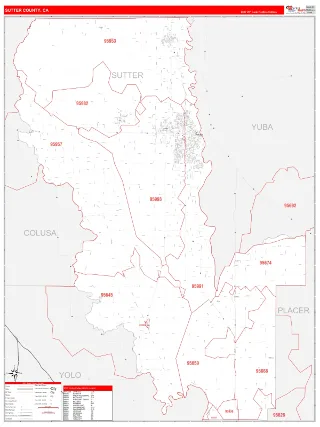 Sutter County, CA RedLine style ZIP Code wall map